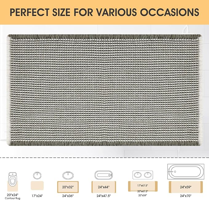 IM HOME Waffle Bath Mat Green & Cream 24"x17",Boho Woven Modern Bath Mat Rugs, Absorbent Non Slip Bathroom Rugs, Soft Washable Bath Rugs with Tassels for Bedroom, Kitchen, Shower, Tub