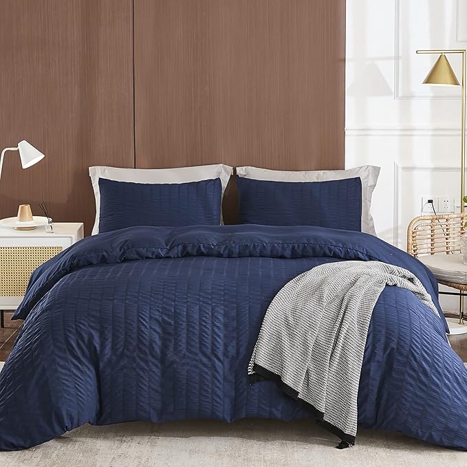 AveLom Navy Blue Duvet Cover King (104 x 90 inches), 3 Pieces (1 Duvet Cover + 2 Pillow Cases), Seersucker Textured Ultra Soft Washed Microfiber, Textured Duvet Cover with Zipper Closure, Corner Ties