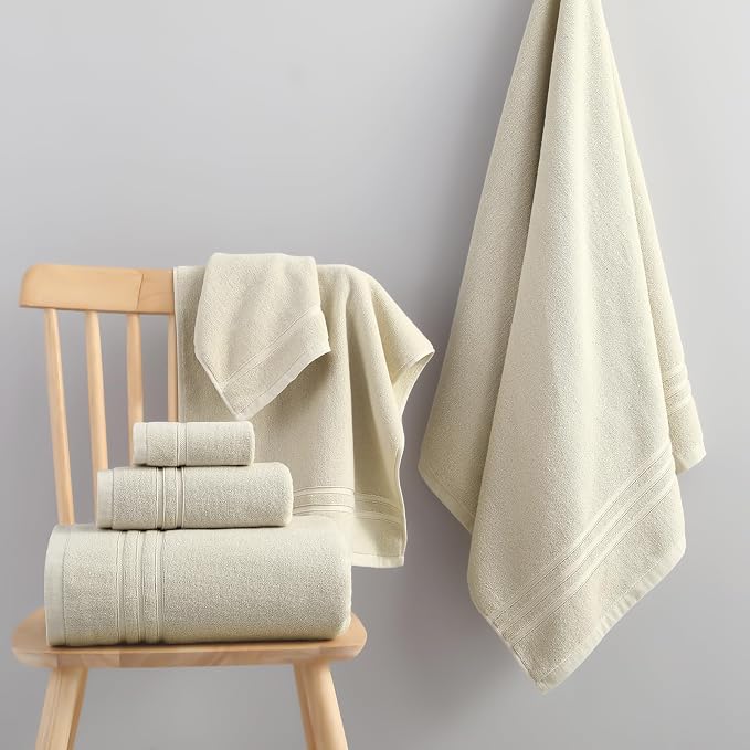 REDKISS Beige Towels Set 6 Piece Cotton Towel Sets with 2 Bath Towels, 2 Hand, 2 Washcloths, 650GSM Hotel Quality, Soft, Highly Absorbent Towels for Bathroom Gym, Ideal Everyday Use
