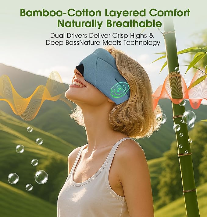 Sleep Mask with Headphones Bluetooth 5.4, LC-dolida Wireless Music Eye Mask for Sleeping Headphones with Soft Bamboo Cotton Cooling Breathable,Ultra-Thin Stereo Speaker for Side Sleepers - Ash Blue