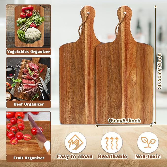 12 Packs Acacia Wood Cutting Board,12 x 6 Inch Plain Chopping Board with Handles Serving Board Wooden Kitchen Cutting Board Bulk with Rope and Plaid Ribbon for Vegetables Meat Pizza Cheese Fruit Bread