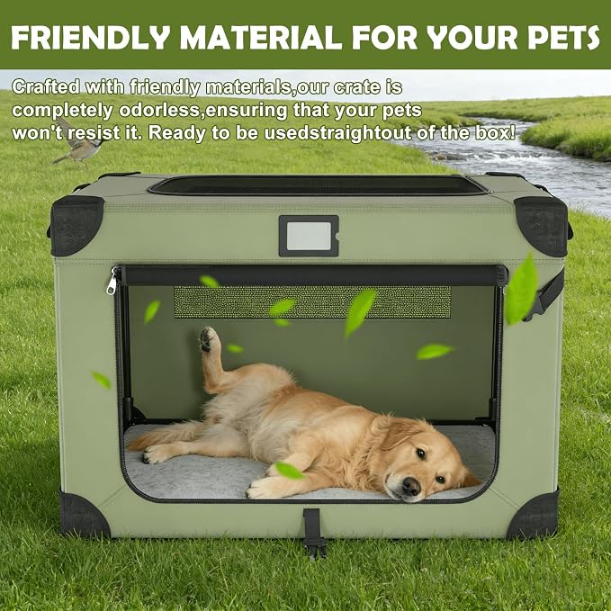 36 Inch Soft Collapsible Dog Crate Green with Waterproof and Easy to Clean | Chew-Proof Mesh Window,Sturdy Frame,Soft Blanket and Foldable Bowl,Waterproof,Portable for Camping,Signature Card,Storage Bag