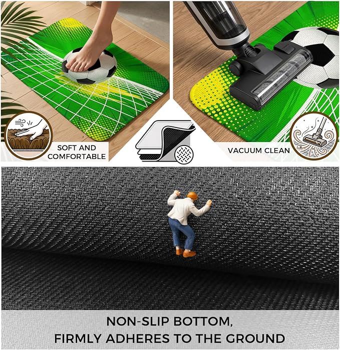 Green Football Bathroom Rugs Non Slip Washable Bath Mat Absorbent Low Pile Front Door Mat Soccer Ball Goal Net Vibrant Indoor Doormat for Kitchen Entryway Shower Decor Accessories 15.7"x23.6"