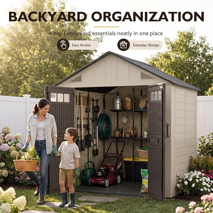Aoxun 8x6 Ft Outdoor Storage Shed with Floor, Large Resin Outdoor Shed with Lockable Door & Windows, Garden HDPE Sheds for Lawn Tools, Pool Supplies & Bikes