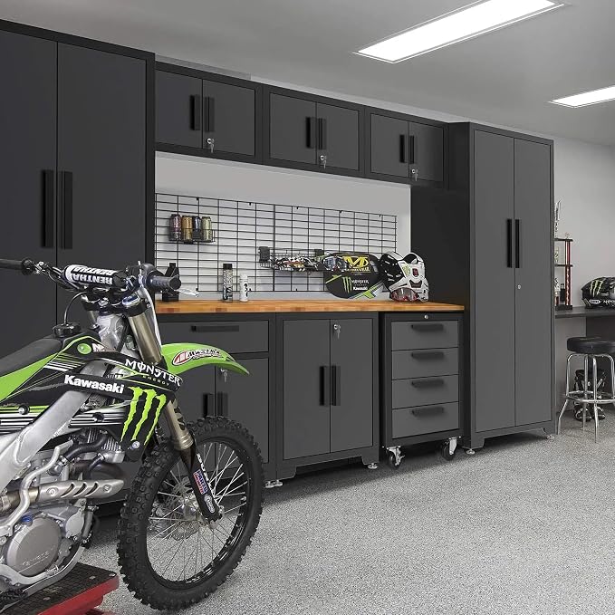 Torin Garage Storage Cabinets System, 9 Piece Workshop Cabinet Set in Black | Included Steel Drawers Rolling Chest,Locked Storage Cabinet, Perfect for Organizing Garage and Tools, 129.92", Black/Grey