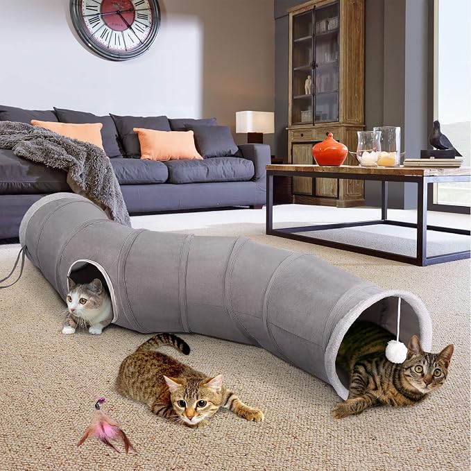 Ownpets S-Shape Cat Tunnel Toy 48"L x 10"D, for Cats, Puppies & Small Pets | Collapsible for storage, tear-resistant oxford fabric, connects to other tunnel, with peek hole, feather wand, indoor/outdoor