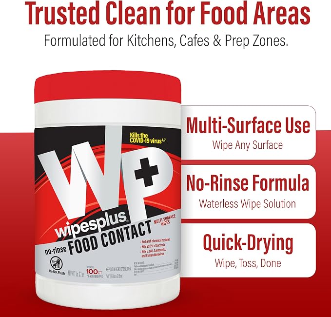 WIPESPLUS Cleaning Wipes All Purpose Food Contact - No Rinse, No Residue, Quick Dry Formula, Disinfecting Wipes For Restaurants, Foodservice, Schools - Canister, 100 Count, (Pack of 12)