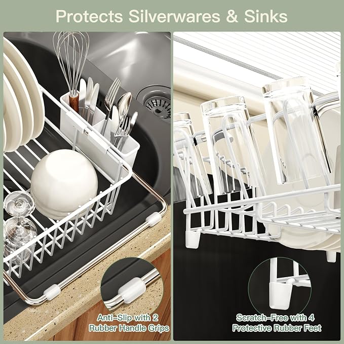 White Dish Drying Rack Over The Sink with Utensil Holder | Expandable Stainless Steel Dish Drainer for Small Kitchen, Apartment, RV, Counter Space Saving, Perfect Fit, Rustproof