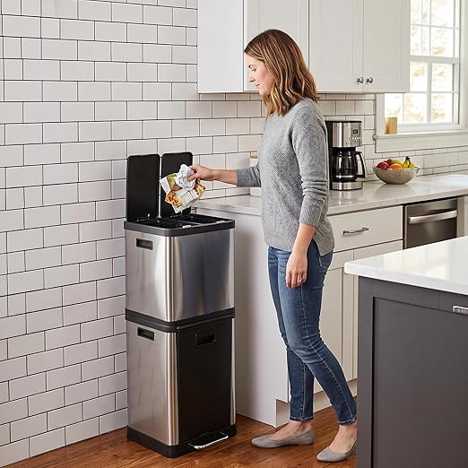 HOLDN’ STORAGE 36L Triple-Compartment Trash & Recycling Bin for Kitchen, Multi-Access Opening, Odor Control, Stainless Steel, 3 Trash Bag Rolls Included