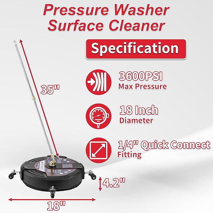 Tool Daily 18” Surface Cleaner for Pressure Washer with 4 Wheels, 2 Extension Wands, Power Washer Surface Cleaner for Driveway, Sidewalk, Concrete, Patio Cleaning, 3600 PSI