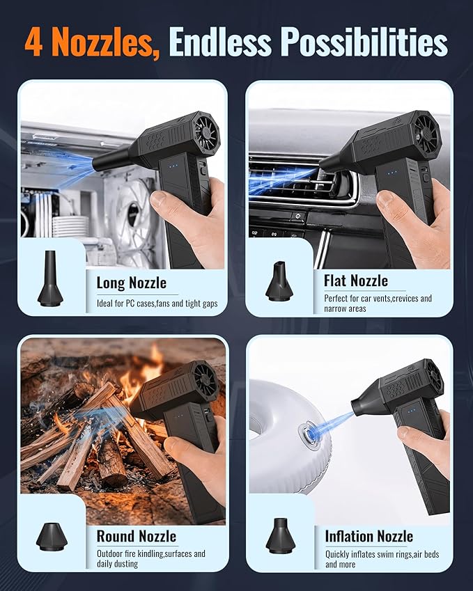Compressed Air Duster-110000 RPM Super Power Electric Air Duster, 3-Speed Adjustable Rechargeable Cordless Air Blower with Fast Charging, 4 Nozzle for PC, Keyboard, Car, Home, Outdoor