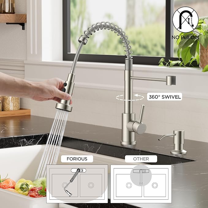 FORIOUS Kitchen Faucet with Soap Dispenser, Stainless Steel, Brushed Nickel | Single Handle Stainless Steel Kitchen Faucet with 3 Modes Sprayer, Commercial Spring Faucet for Kitchen Sink, Laundry Rv Bar