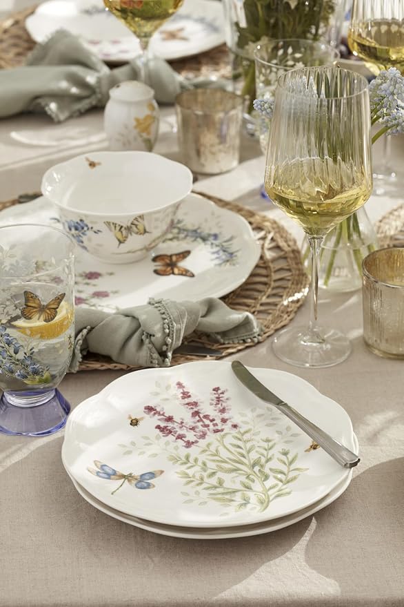 Lenox Butterfly Meadow Herbs Porcelain 12-Piece Dinnerware Set for 4 | ceramic, dishwasher safe, microwave safe | plates and bowls sets for kitchen and dining, dish set, dishes