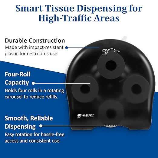 San Jamar Classic Carousel Tissue Dispenser with Biokleen Handle for Bathroom, Plastic, 1.5 Inch Core, Black, (Pack of 6)