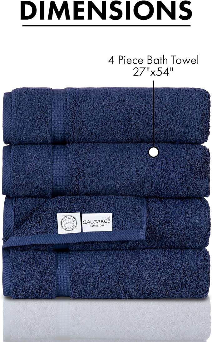 SALBAKOS 4-Piece 100% Turkish Cotton Bath Towels, 27x54 inch, Navy | Standard Size, 630 Gsm Thick Super Soft Highly Absorbent Quick-Dry Bathroom Towel, Premium Hotel & Spa Quality Made in Turkey