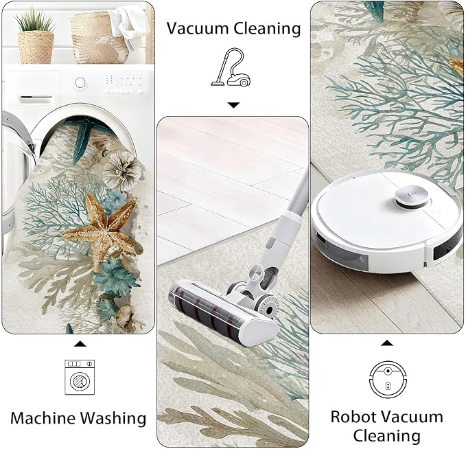 Starfish Coral Washable Runner Rug 2.6x7 - Ocean Seaside Entryway Rug, Ultra-Thin Kitchen Rugs, Marine Life Anti Slip Runner Rugs for Entrance Laundry Room Corridor Bedroom
