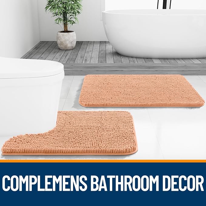 OLANLY Small Bathroom Rugs 24x16, Extra Soft Absorbent Chenille Bath Rugs, Rubber Backing Quick Dry, Machine Washable Bath Mats for Bathroom Floor, Tub and Shower, Home Decor Accessories, Peach