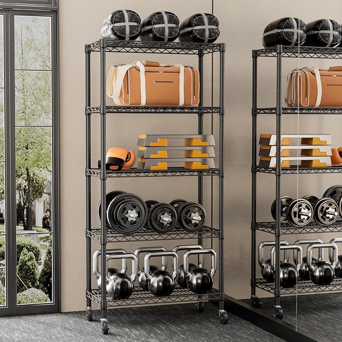 SINGAYE 5 Shelves Storage Wire Shelf Closet Metal Shelving Pantry Wheels | Shelf Bathroom Organizers Metal Kitchen Garage Shelving Unit Laundry Room Organization Home Rack Net Basket with Wheels