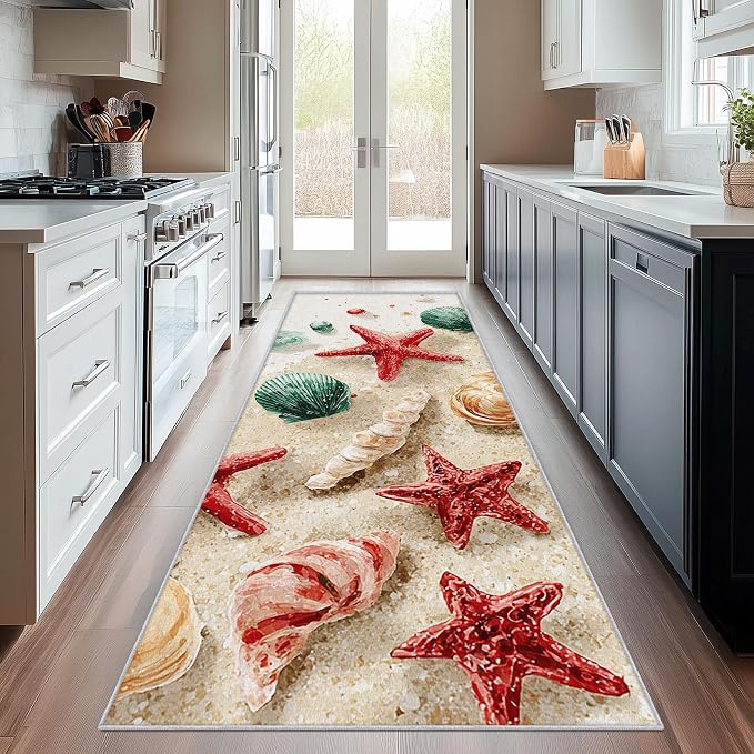 2.6x10 Seashell Nautical Runner Rug for Hallway, Washable Beach Theme Rug Runner Non Slip, Kids Ocean Home Decor Carpet for Kitchen, Bedroom, Entryway, Laundry Room, Ultra Thin Soft