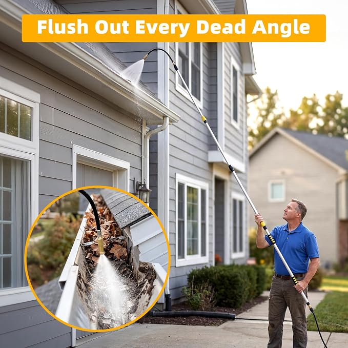 24FT Reach Gutter Cleaner, Gutter Cleaning Tools from the Ground with 3/4" Brass Shut-Off Valve & Bendable 360° Rotating Water Wand, Safe Cleaning for 2-Story Homes