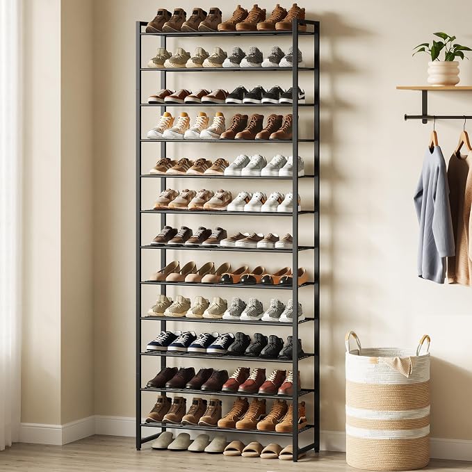 Nunsino Shoe Rack for Closet, Metal Shoe Organizer,12 Tier Garage Shoe Rack Max Holds 60 Pairs,Shoe Storage Shelf,Entryway, Black