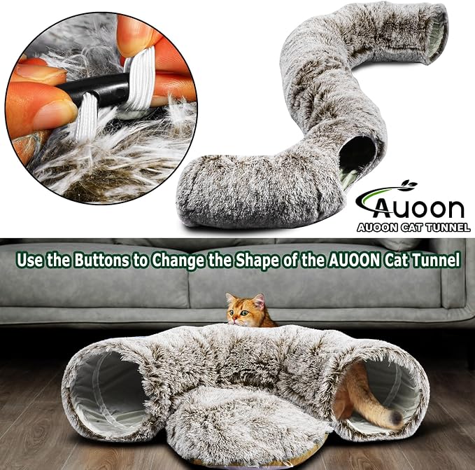 AUOON Plush Cat Tunnel Bed for Indoor Cats, 36" L x 36" W x 11.5" H, Brown | 2 in-1 Interactive Cat Toy, with Hanging Ball Toy, Machine Washable Center Pad, for Kitten Puppy Rabbit Ferret