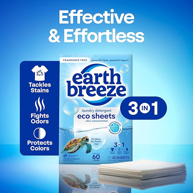 Earth Breeze Laundry Detergent Sheets Fragrance-Free - 180 Loads Eco Liquidless Soap - Travel-Friendly for Hot & Cold Cycles, Tackles Tough Stains & Odors - Gentle on Sensitive Skin, 90 Ct (3 Pack)