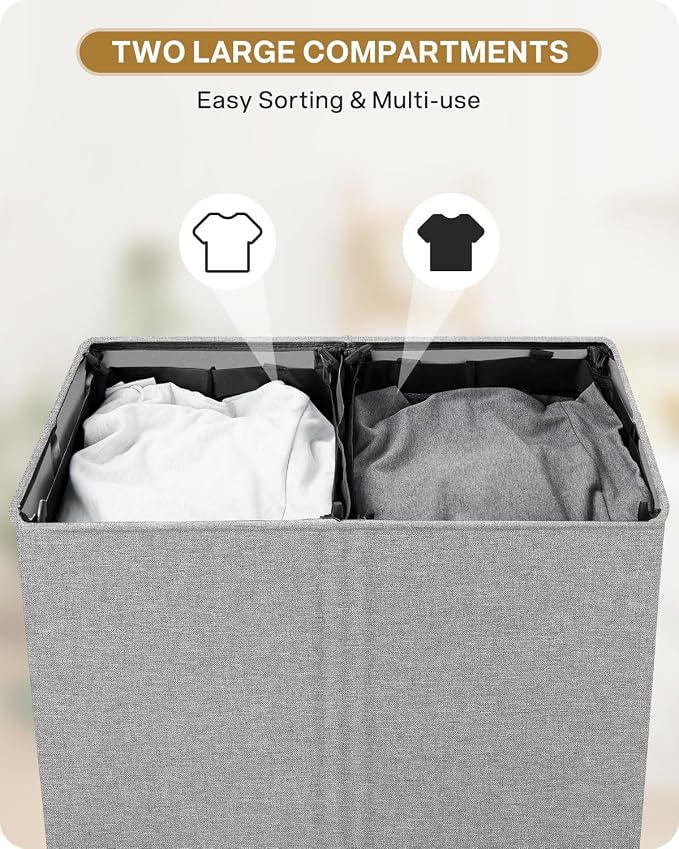 SOLEDI Double Laundry Hamper with Lid, 130L Clothes Hamper 2 Section, Laundry Basket with Removable bag, Bed room decor aesthetic, laundry room organization, Home and dorm room essentials