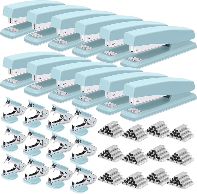 Deli Stapler, 12 Pack Staplers with 12000 Staples and 12 Staple Removers, Staplers for Desk, 25 Sheet Capacity, Blue