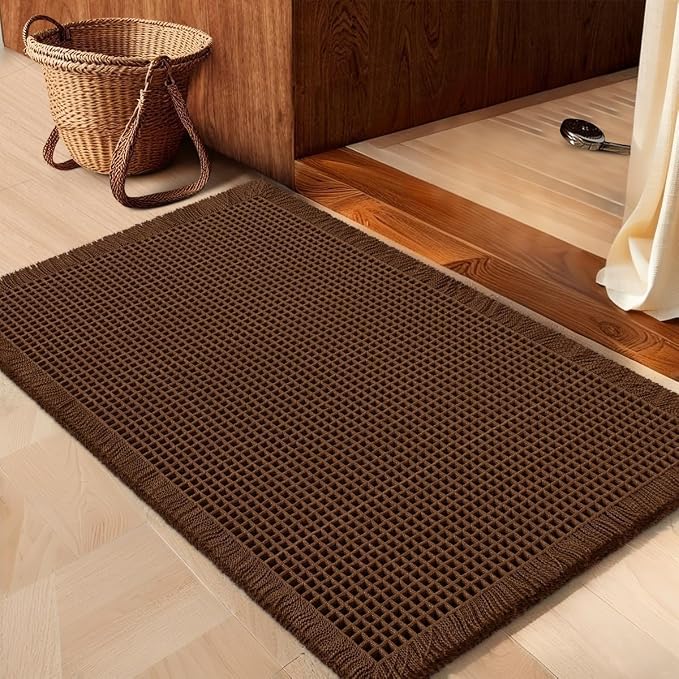 IM HOME Waffle Bath Mat Brown 36"x24", Boho Woven Modern Bath Mat Rugs, Absorbent Non Slip Bathroom Rugs, Soft Washable Bath Rugs with Tassels for Bathroom, Bedroom, Kitchen, Shower, Tub