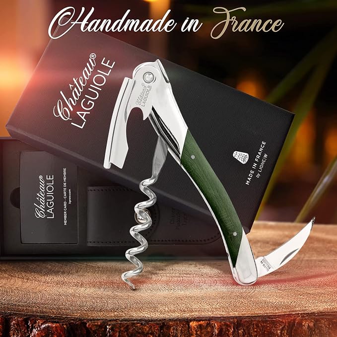 Chateau Laguiole Grand Cru Corkscrew - Green Stamina French Luxury Wine Opener - Made in France - Sommelier Key Includes Leather Sheath & Gift Box