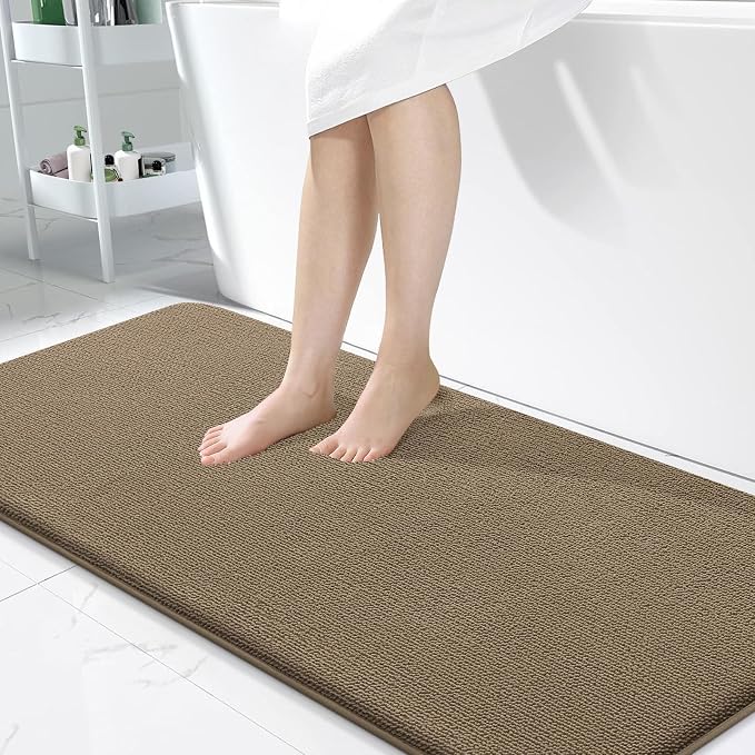 OLANLY Memory Foam Bathroom Runner Rug 47x24, Absorbent Long Bath Mat, Tan | Soft Quick Dry Bath Mat Rugs, Non-Slip, Machine Washable Mat for Bathroom Floor, Tub and Shower, Home Decor Accessories