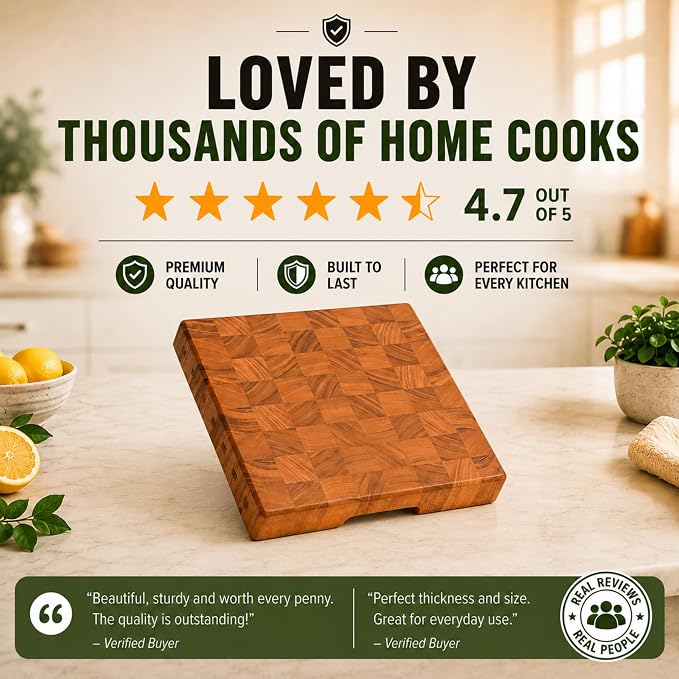 SHUMARU Mahogany End Grain Cutting Board 12.6×12.6×2 in with Holder – Handmade Checkered Butcher Block, Knife-Friendly, Non-Slip Feet, Ergonomic Handles