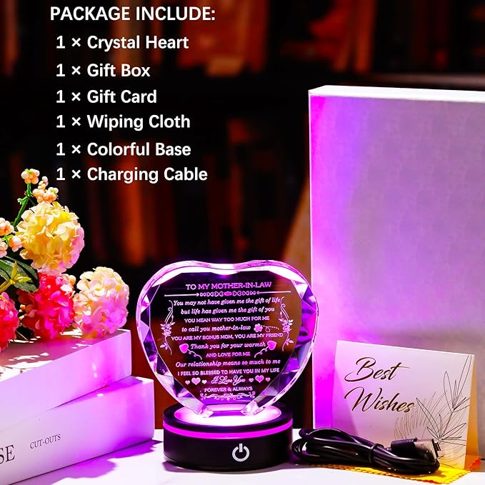 Gifts for Mother in Law with Colorful LED Base Unique Crystal Heart to My Mother in Law Mothers Day Christmas Birthday Gift Best Bonus Mom Gifts from Daughter/Son in Law