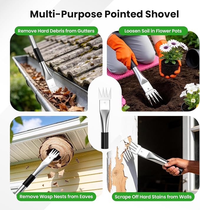 12 FT Gutter Cleaning Tools for Outdoor - Gutter Cleaner Pole with Shovel & Brush for Roof Rain Gutters, Cleans Leaves, Branches & Debris - No Ladder Needed (Green)