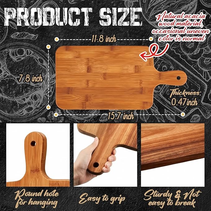 Nuenen 10 Pcs Wood Cutting Board with Handle 15.7 x 7.8 Inch Acacia Bamboo Wooden Serving Kitchen Chopping Boards for Pizza, Bread, Cheese, Charcuterie, Fruit, Vegetables (Carbonized Bamboo)