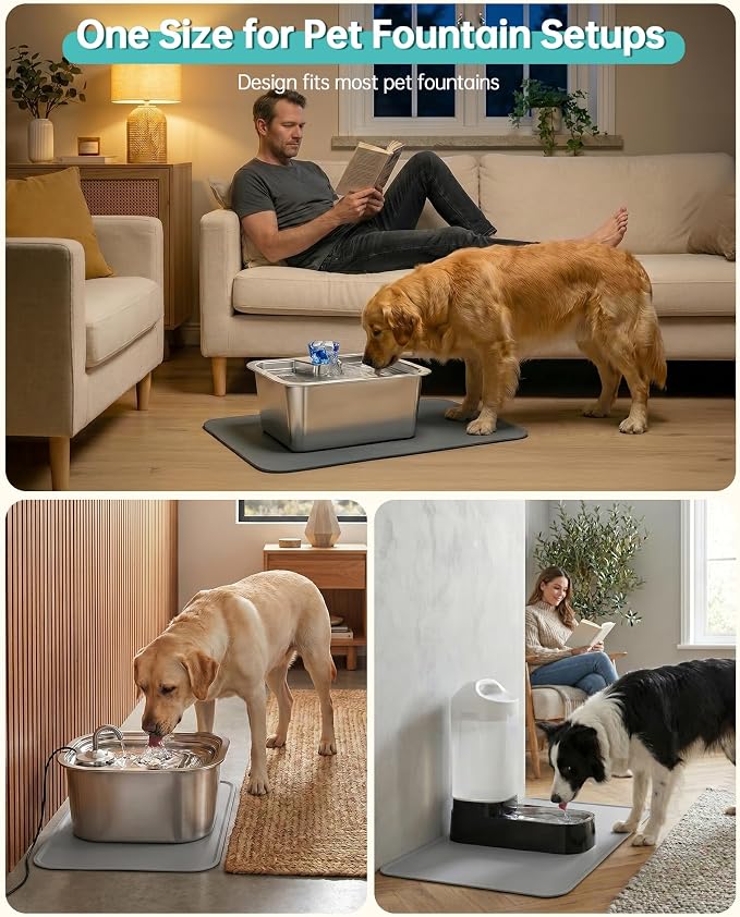 Pet Water Fountain Mat, 24" x 16" Food Grade Silicone Waterproof Mat with Raised Edge, Non Slip Easy Clean Splash Proof Floor Pad for Cat Dog Water Dispenser, Grey