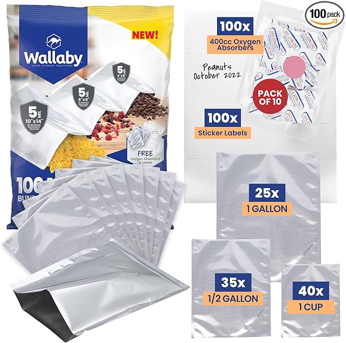 Wallaby 100ct Multi-Size Mylar Bags, 400cc Oxygen Absorbers, 10 Mil Thickness, 1-Gal 10x14, 1-Qt 8x12, 1/2-Pt 6x8, Heat-Sealable, Airtight, Flat, Silver