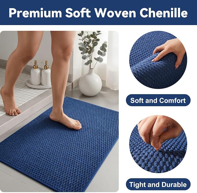 Triohero Bathroom Rugs Non Slip Washable, Super Absorbent Thin Bath Mat Quick Dry Low Pile Bathroom Rug, Navy Blue 24"x47"