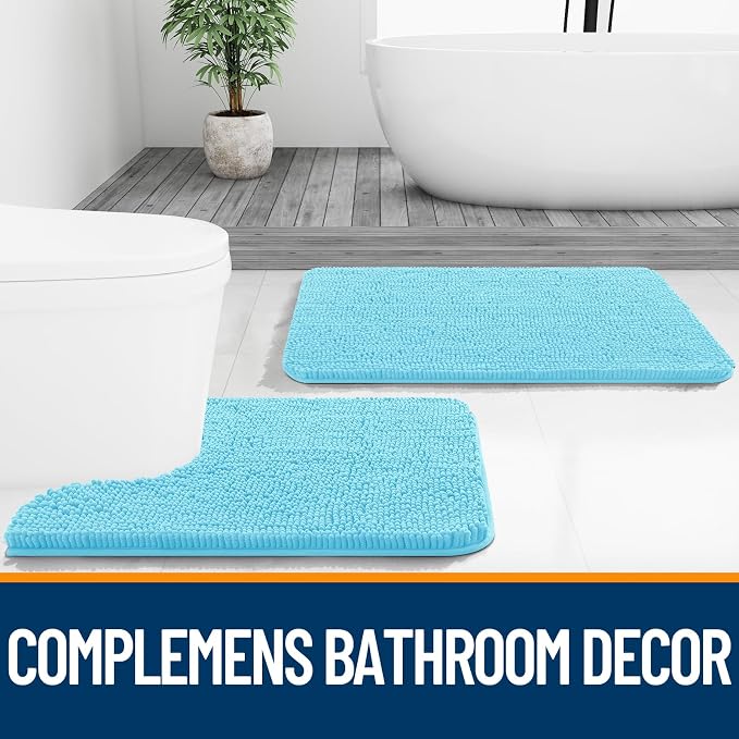 OLANLY Bathroom Runner Rugs 47x24, Soft Absorbent Chenille Bath Rugs, Rubber Backing Quick Dry, Machine Washable Long Bath Mats for Bathroom Floor, Tub and Shower, Home Decor Accessories, Sky Blue