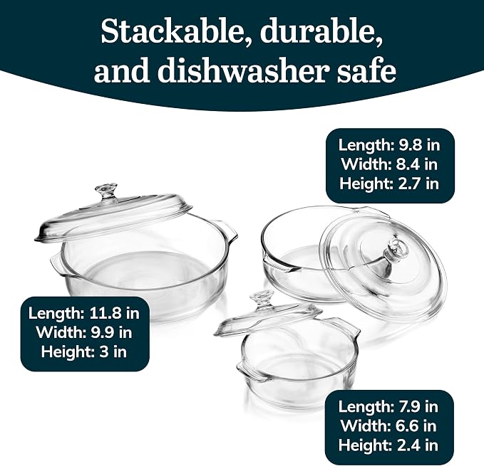 Libbey Baker's Basics Glass Casserole Dish Set with Covers, 3-Piece | Curved Pedestal Display baked goods, pastries, cupcakes, and pies with a clear cover for serving and freshness