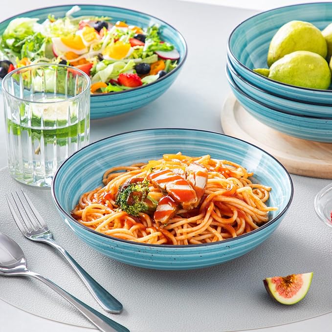 vancasso Bonbon Pasta Bowls Set of 6, 38 Oz Ceramic Salad Bowls, Wide and Shallow Bowls Set, Large Serving Bowls for Kitchen, Blue