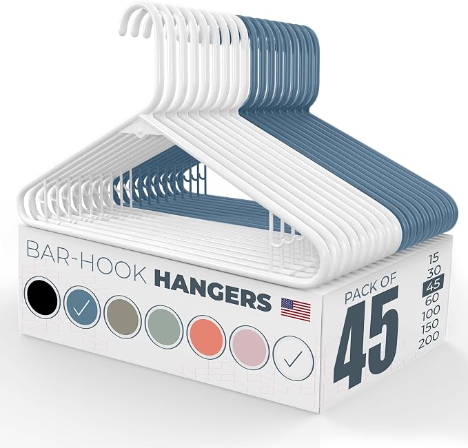 Plastic Hangers 45 Pack - Made in the USA - 6lb Capacity Standard Clothes Hangers with Strap Hooks for Dresses, Lingerie, Shirts, Pants, and Jackets - White & Blue
