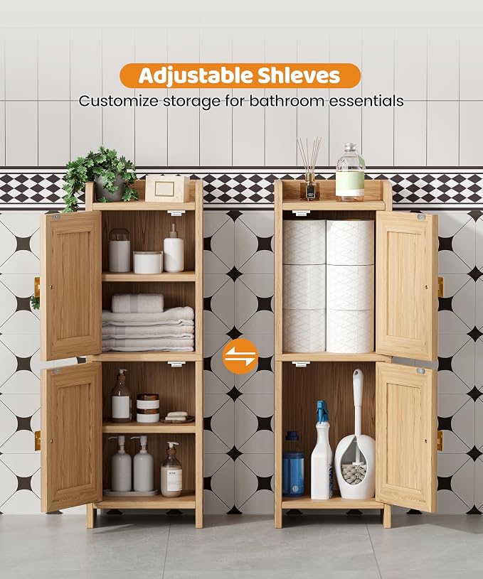 Akxomel Rattan Small Bathroom Cabinet Narrow Toilet Paper Organizer Oak | 7.9''D x 9.8''W Bathroom Organizer and Storage Cabinet for Small Space, Slim Corner Unit with Adjustable Shelf