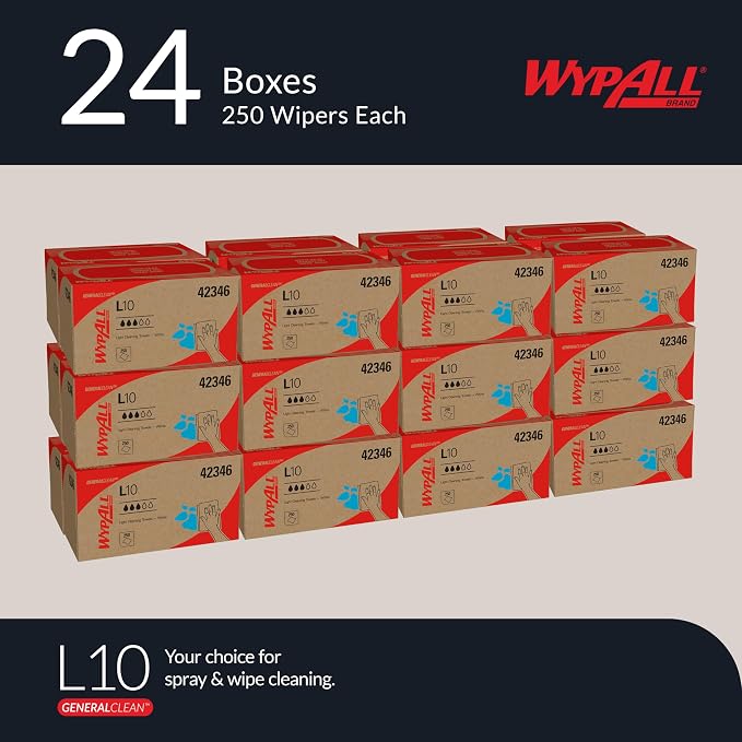 WypAll GeneralClean L10 Cloths Light Cleaning Wipes (42346), Pop-Up Box, Bulk Paper Wipers, White (24 Packs of 250 Sheets, 6,000 Sheet Total)
