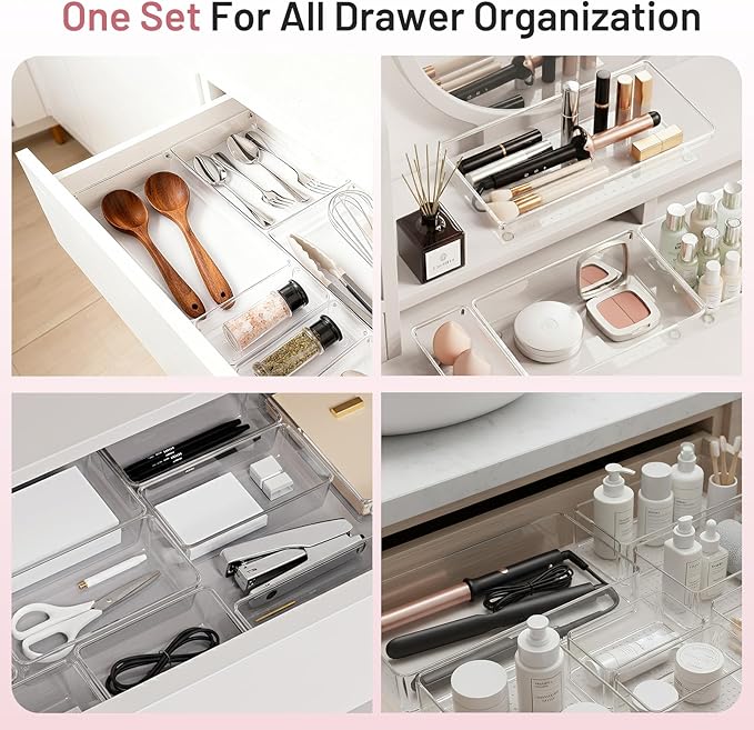 Drawer Organizer, 10 Pack Large Clear Plastic Organizer Bins 5 Sizes, Versatile Bathroom Drawer Trays, Heavy Duty Non‑Slip Drawer Dividers for Makeup, Office & Kitchen Utensils