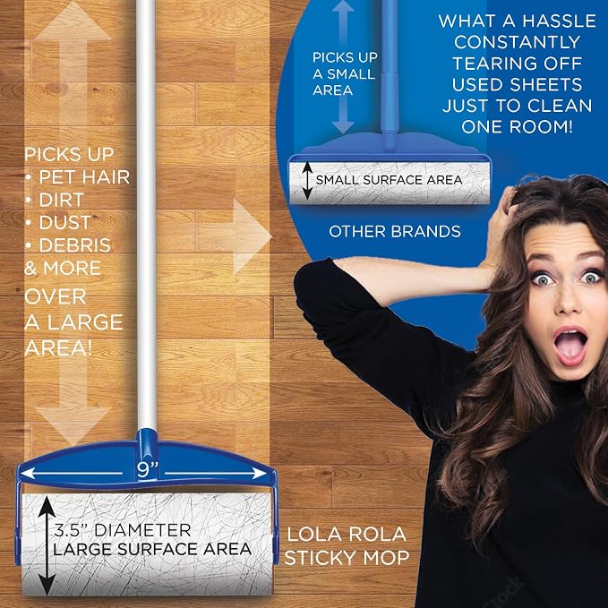LOLA Rola Sticky Mop Refills, Giant Adhesive Roller, 180 Sheets, Traps Dirt, Dust & Hair, Pet Hair Remover, Floor & Carpet Cleaner, 18 Pack
