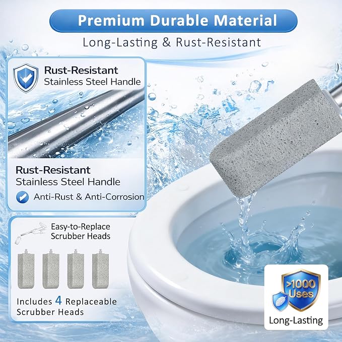 4-Pack Pumice Stone Cleaner with Handle & No-Touch Heads - Hard Water Ring, Limescale & Rust Remover for Toilet, Tub, Tile, Sink, Pool & Grill Surfaces(Black)