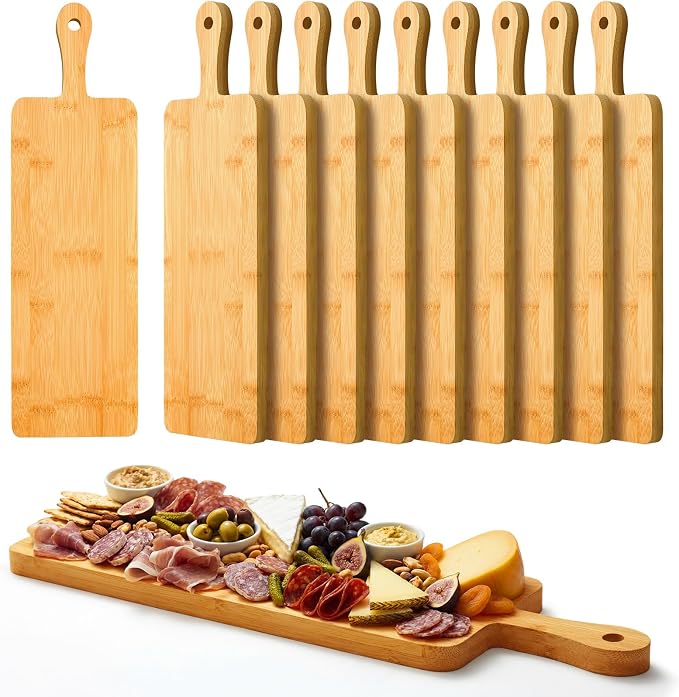 Nuenen 10 Pcs Wood Cutting Board with Handle 16.1 x 4.7 Inch Acacia Bamboo Wooden Serving Kitchen Chopping Boards for Pizza, Bread, Cheese, Charcuterie, Fruit, Vegetables(Narrow Bamboo)