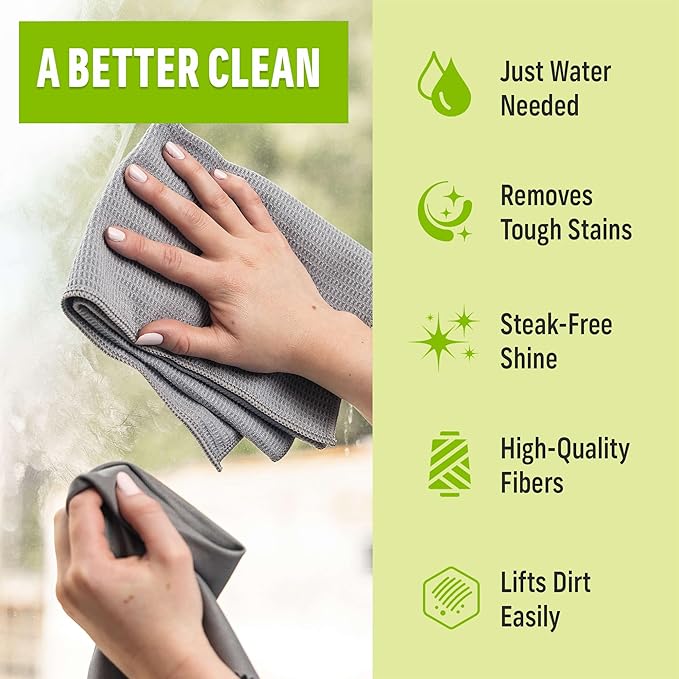 E-Cloth Microfiber Window Cleaning Cloth Kit - Glass Cleaning Cloth for Windows, Mirrors, Cars, Lenses, Eyeglasses, & More, Streak Free Clean, Machine Washable Reusable Towel - Gray